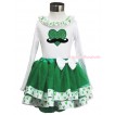 St Patrick's Day White Baby Pettitop Clover Satin Lacing & Mustache Sparkle Kelly Green Heart Print & White Bow Kelly Green Clover Satin Trimmed Tutu Newborn Pettiskirt NG1643